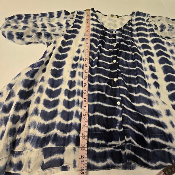 Dolma Boho Tie Dye Blouse L Blue White Cotton Lightweight Tunic Side Slit Top - Picture 6 of 8